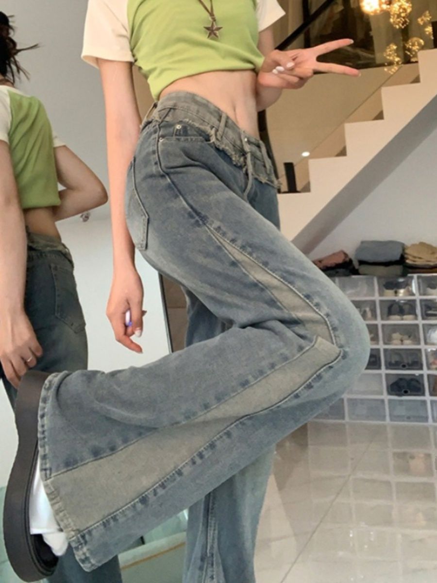 美式高腰拼接微喇牛仔褲女秋季新款復古修容小眾設計感拖地馬蹄褲
