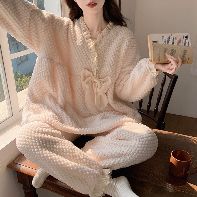 珊瑚絨睡衣女款秋冬季加厚加絨保暖法蘭絨甜美花邊套裝冬天家居服