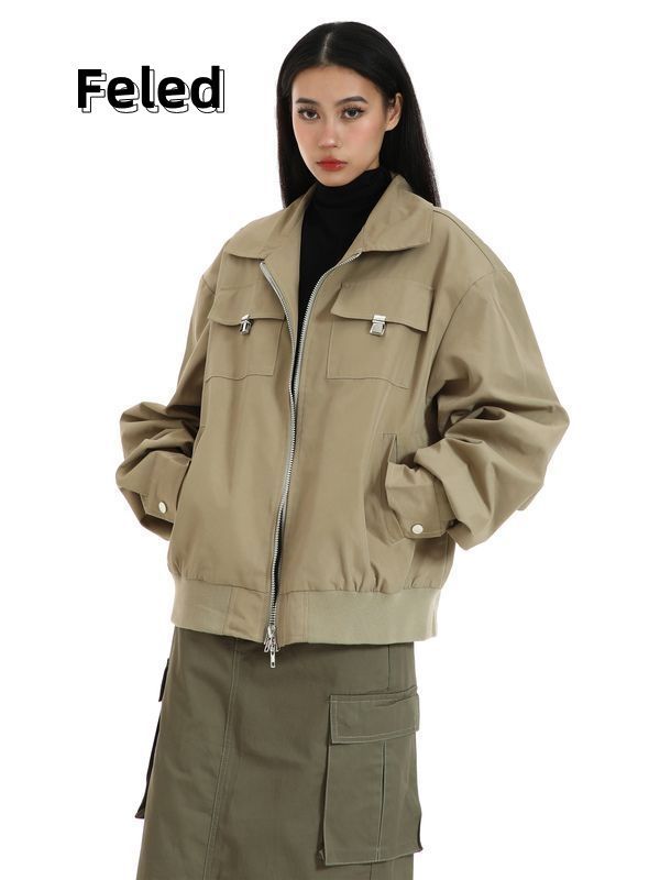 Feila Denton autumn retro American jacket for men and women hiphop design metal buckle short bomber jacket