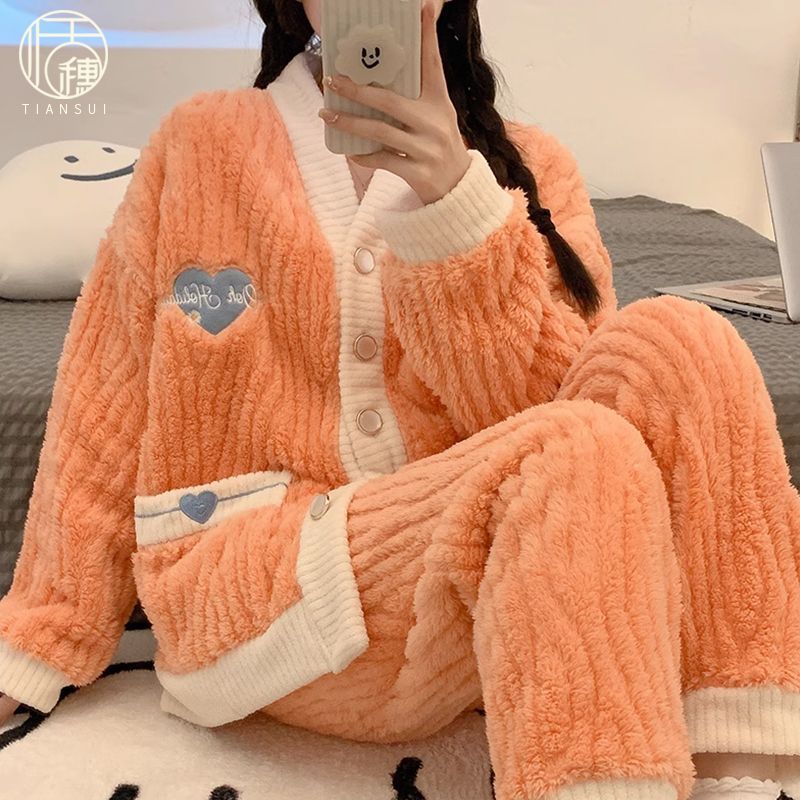 2023年新款法蘭絨睡衣女秋冬季長袖加厚加絨甜美珊瑚絨家居服套裝