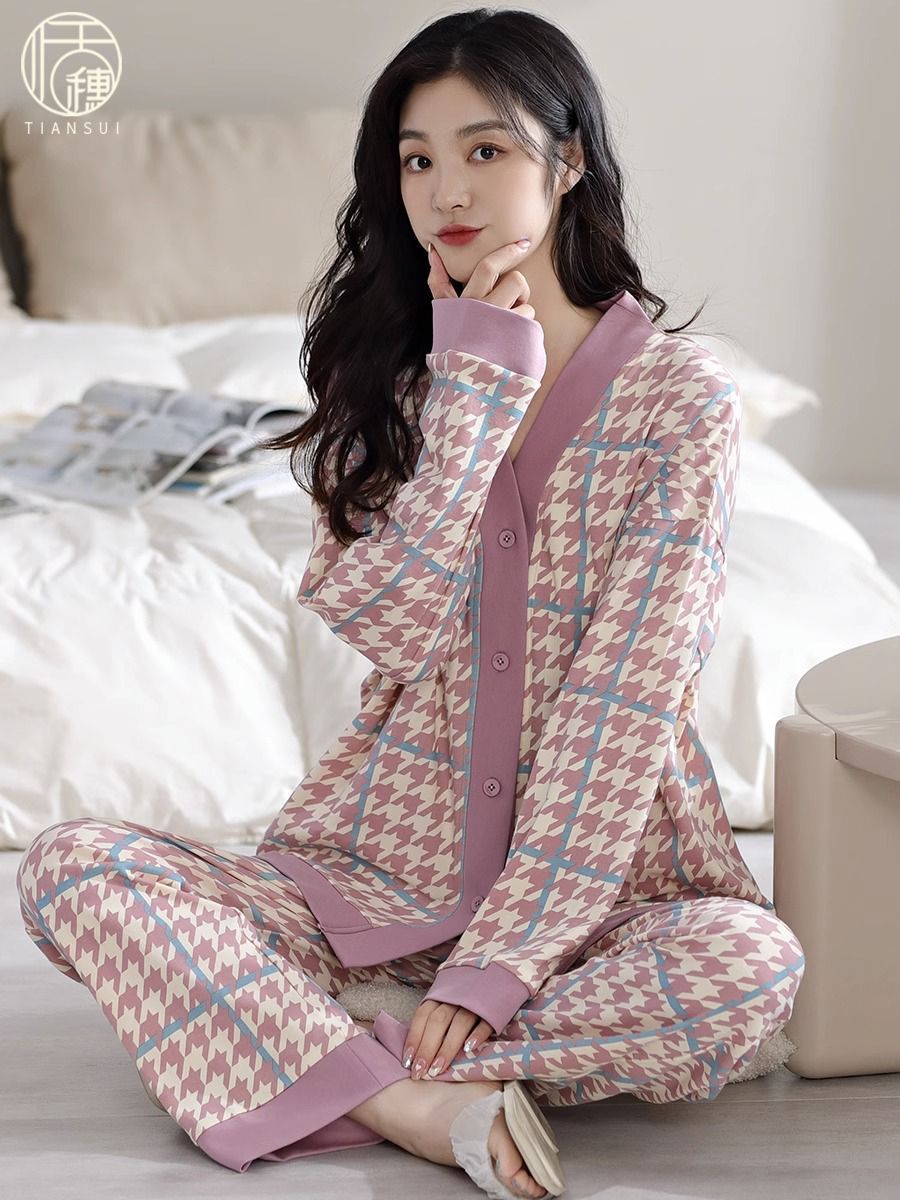 2023年睡衣女春秋季新款網紅少女款千鳥格可外穿開衫家居服套裝