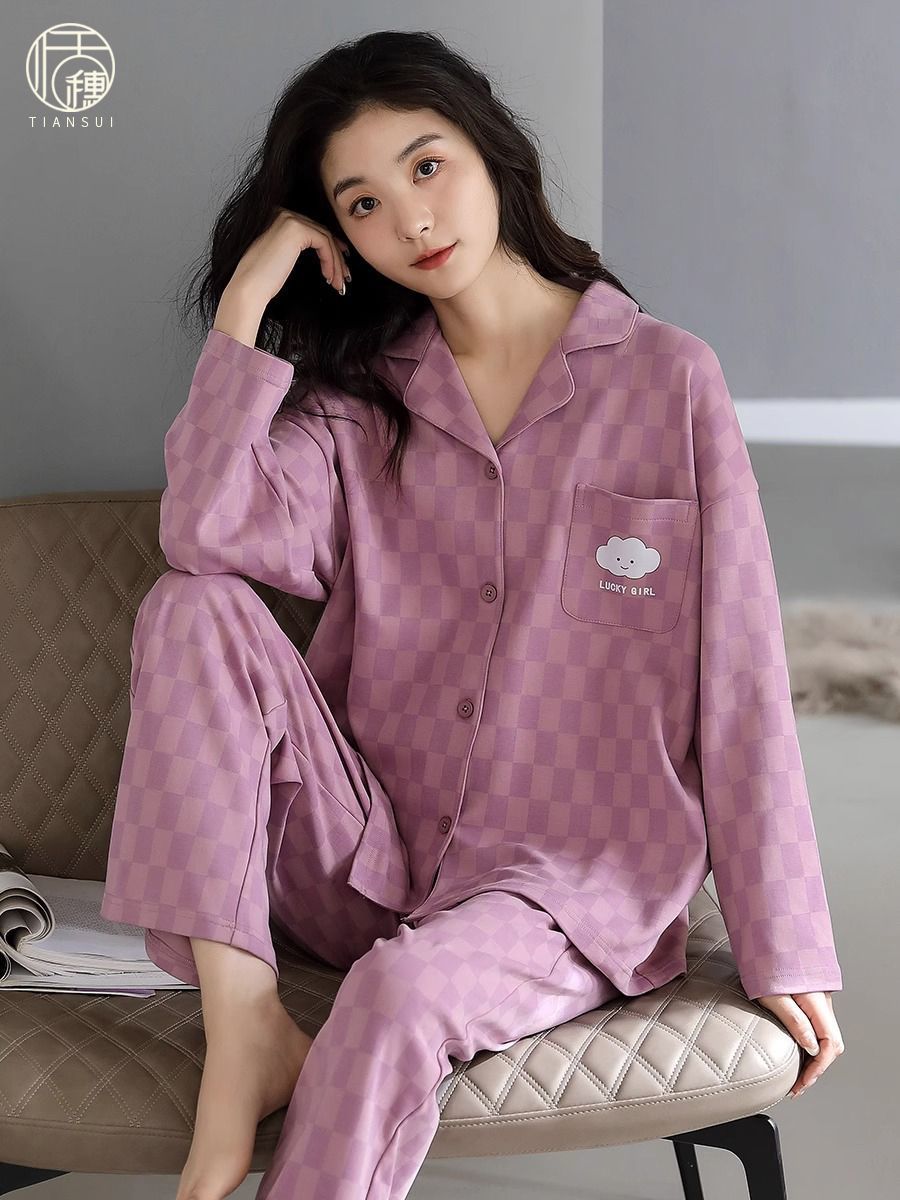 2023年新款春秋季格子睡衣女士開衫冬天簡約學生家居服可外穿套裝