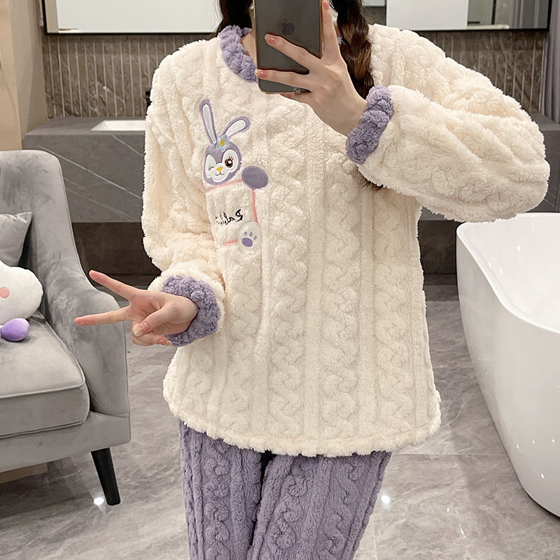 珊瑚絨睡衣女秋冬季加厚加絨學生韓版網紅風爆款法蘭絨家居服套裝