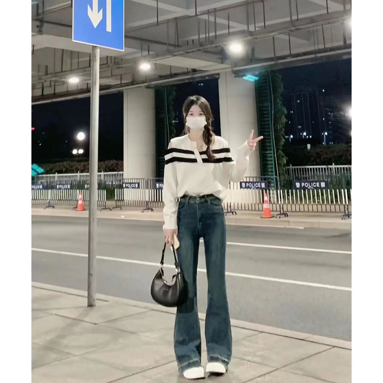 秋冬季復古藍色毛邊微喇叭牛仔褲女修身顯瘦設計感彈力復古水洗潮
