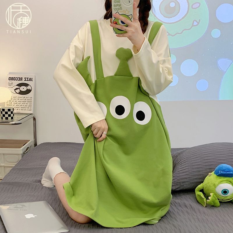 睡裙長袖款女士連衣裙春秋季棉質薄款卡通中長款睡裙大碼家居服爆