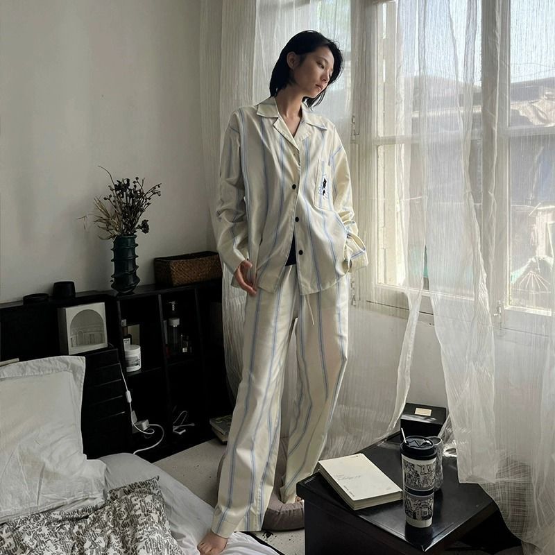 韓風條紋設計感長袖薄款睡衣女2023年春秋季新款休閒家居服套裝夏