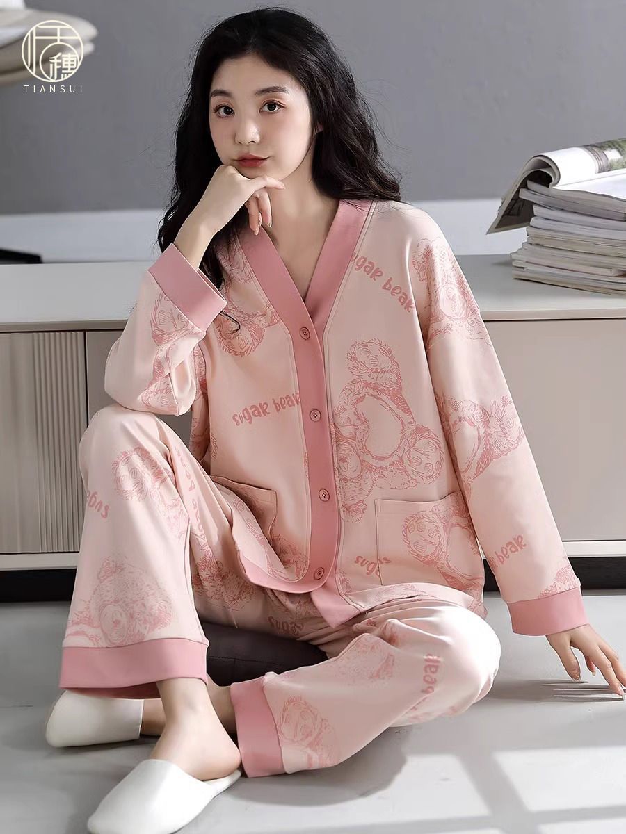 睡衣女2023年新款春秋季寬鬆長袖甜美可愛網紅風可外穿家居服套裝