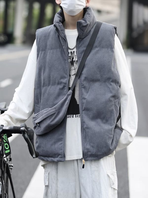 日系燈芯絨棉馬甲男士秋季寬鬆立領棉服背心情侶百搭潮牌無袖外套