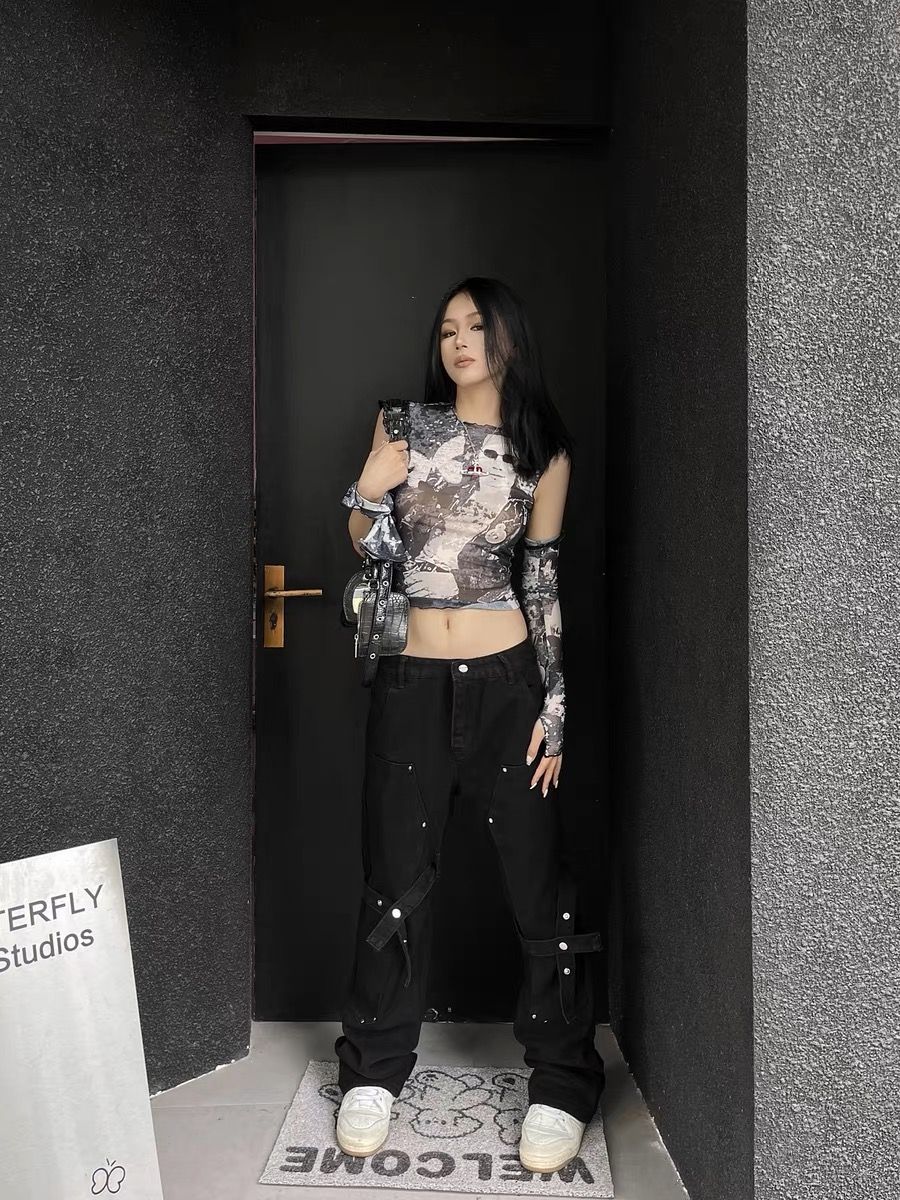 國潮復古綁帶設計微喇叭黑色牛仔褲女高街美式修身顯瘦直筒褲ins