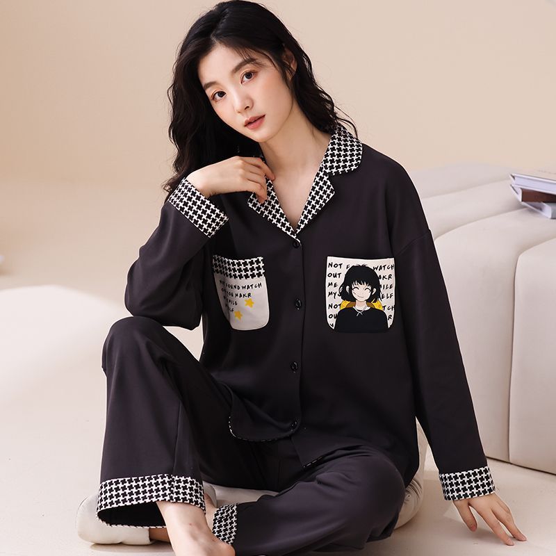 高檔純棉睡衣女春秋款休閒開衫長袖寬鬆套裝冬天家居月子服可外穿