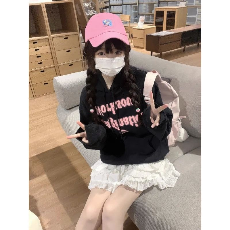 黑色連帽長袖情侶衛衣oversize外套女春秋款字母印花休閒上衣帽衫
