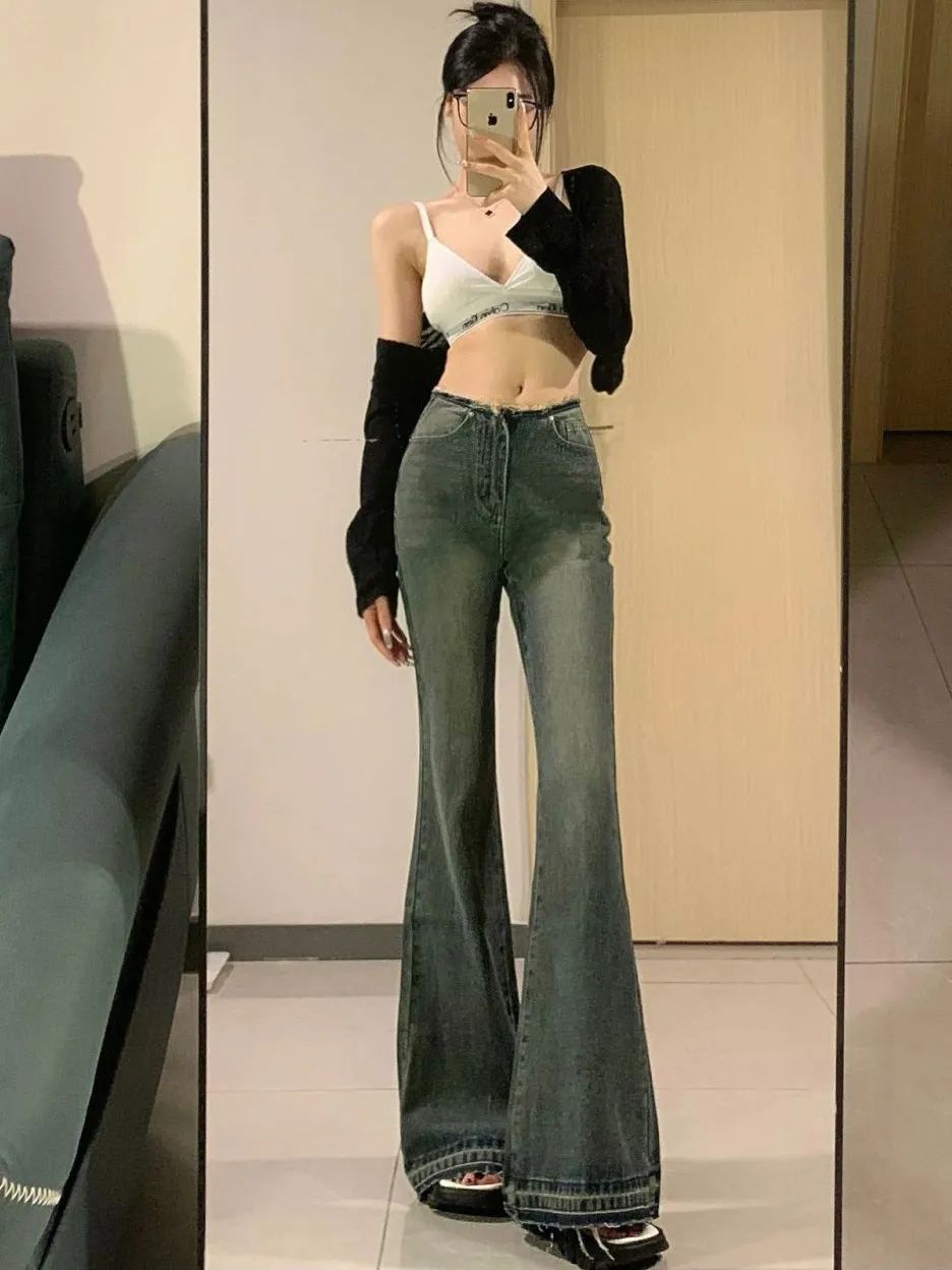 美式復古微喇叭牛仔褲女秋季2023新款做舊低腰毛邊拖地闊腿褲子潮