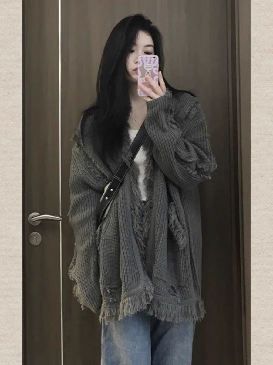 Large size sweater women's spring, autumn and winter new style lazy style niche gray loose long-sleeved cardigan top jacket