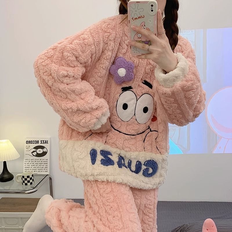 珊瑚絨睡衣女冬季長袖加絨加厚韓版可愛法蘭絨家居服春秋冬款套裝