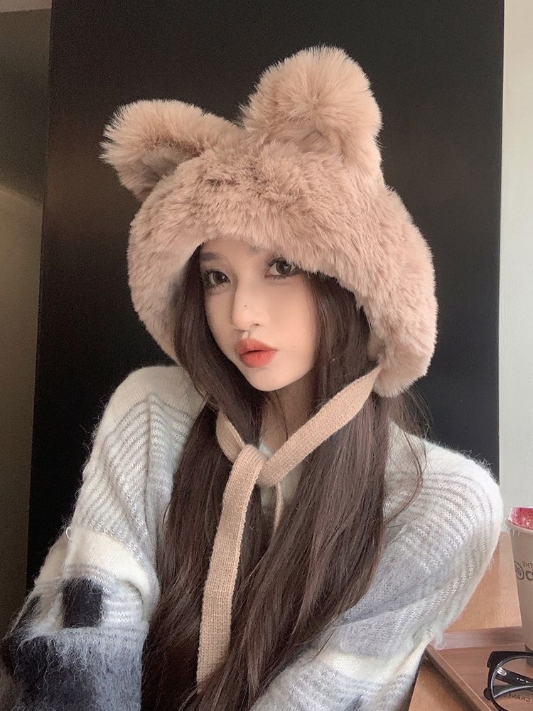 Sweet and cute fox ears plush strap Lei Feng hat Japanese versatile autumn and winter Korean style ear protection woolen hat for women