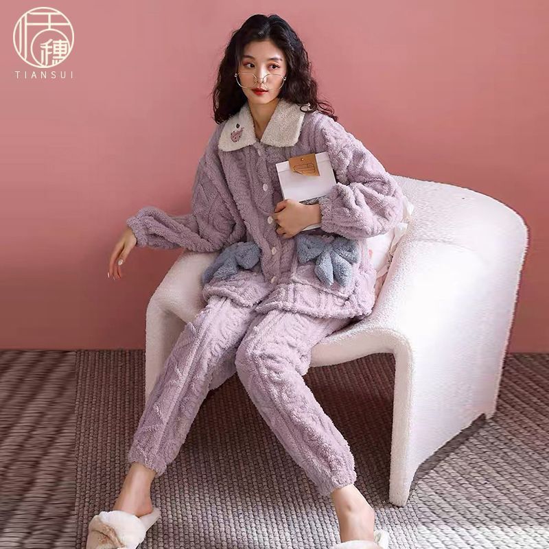 睡衣女秋冬季珊瑚絨加厚加絨甜美可愛冬天睡袍家居服保暖毛絨套裝