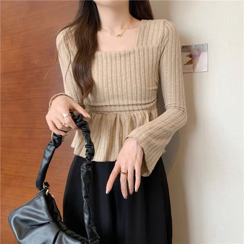 French square-neck long-sleeved bottoming shirt for autumn and winter, new style, gentle wind, waist slimming, flesh-covering top, bell-sleeved T-shirt