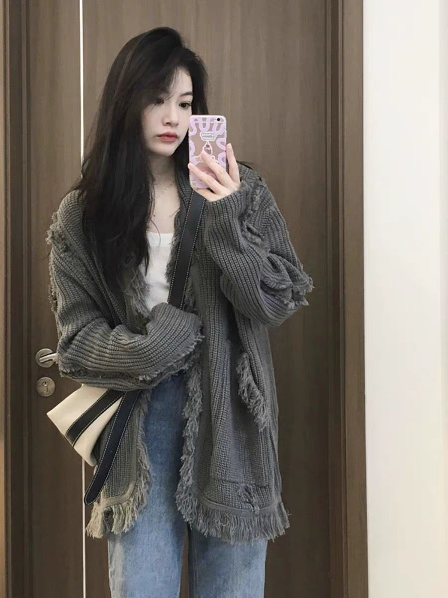 Large size sweater women's spring, autumn and winter new style lazy style niche gray loose long-sleeved cardigan top jacket