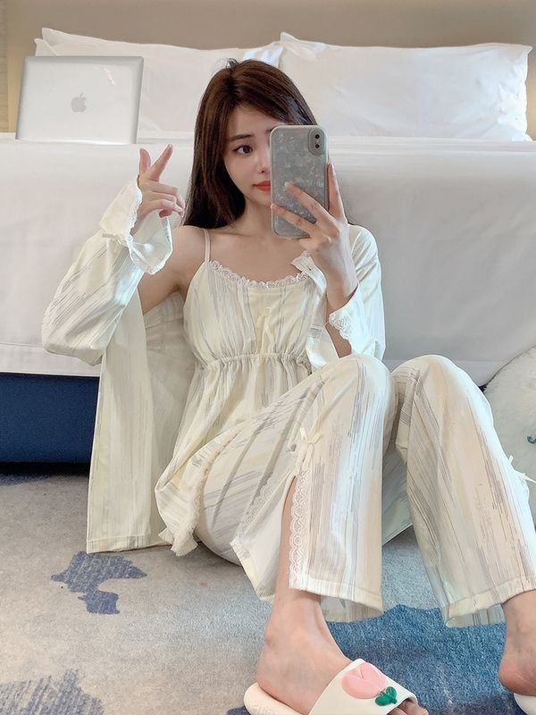 吊帶睡衣女性感夏季帶胸墊三件套裝長袖開衫花邊休閒家居服女春秋