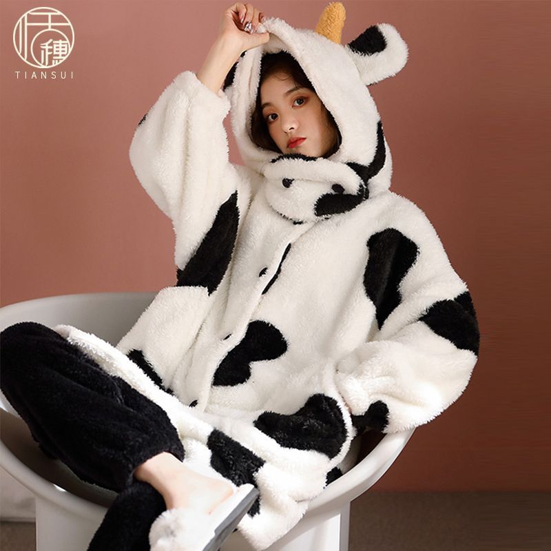 可愛睡衣女秋冬季珊瑚絨睡袍裙長款加絨加厚法蘭絨家居服冬天浴袍