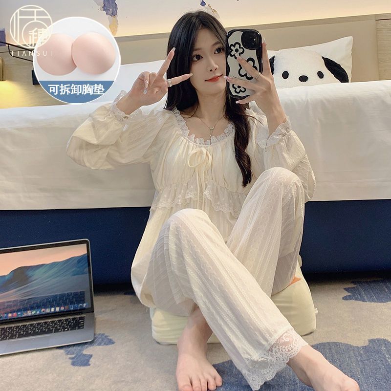 睡衣女春秋季網紅新款自帶胸墊甜美公主風長袖家居服可外穿套裝爆