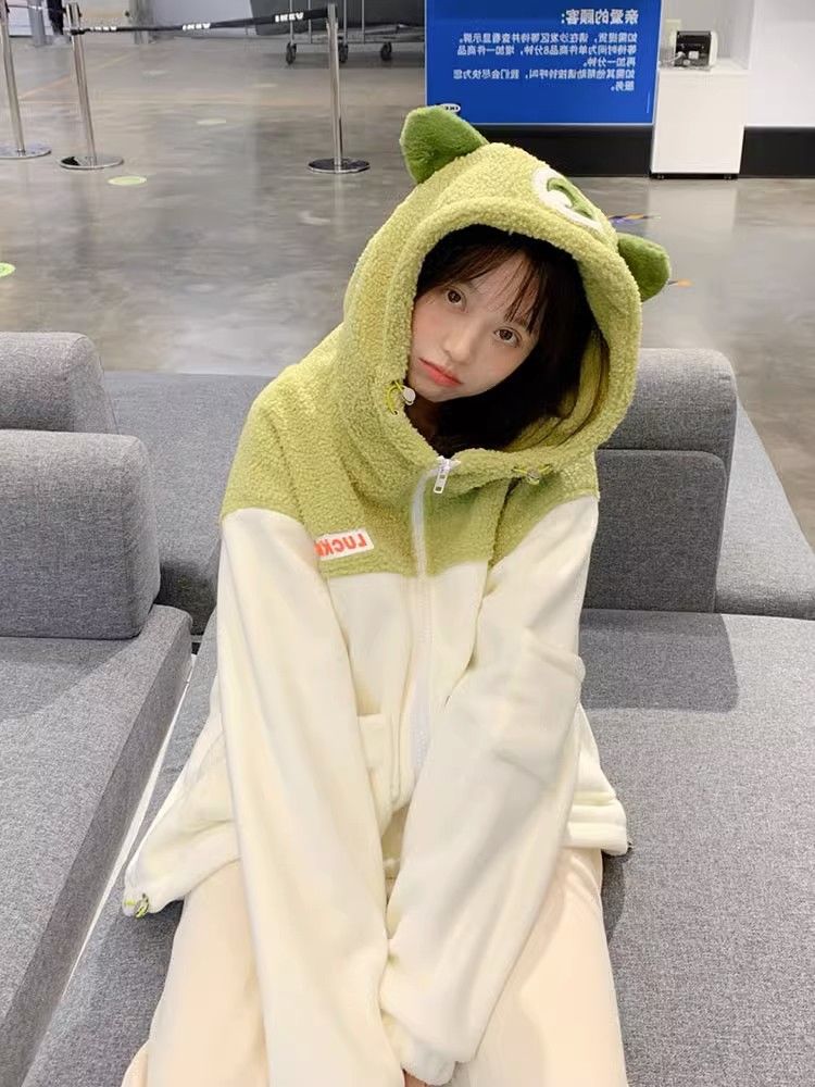 小怪獸國潮oversize羊羔絨開衫外套女潮牌連帽羊羔毛夾克秋冬棉襖