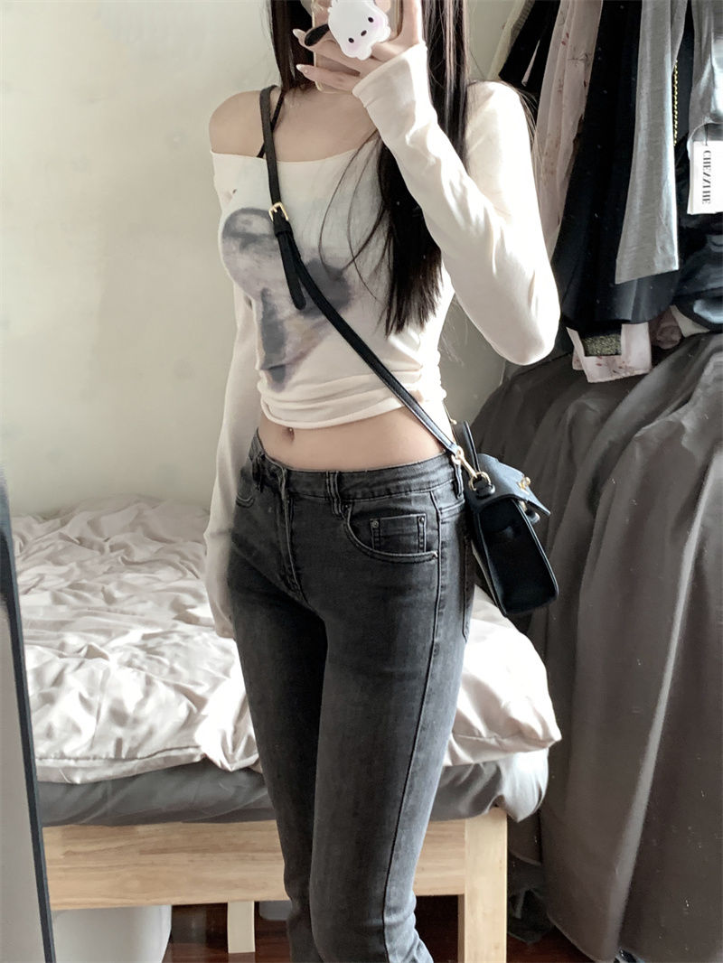 扎染新款一字領復古修身長袖夏季顯瘦小眾打底衫上衣女t恤設計感