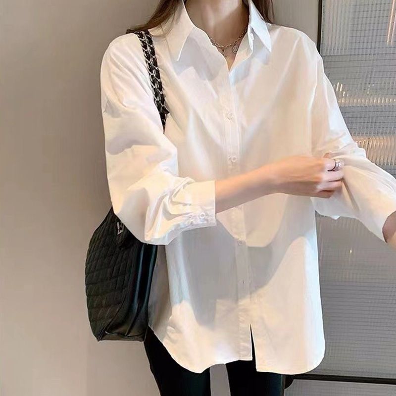 春秋簡約韓版通勤長袖襯衫女寬鬆百搭打底POLO領氣質內搭白色上衣