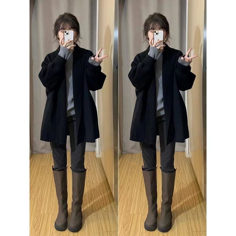 法式復古黑色毛衣外套女秋冬季寬鬆百搭慵懶風中長款長袖針織開衫