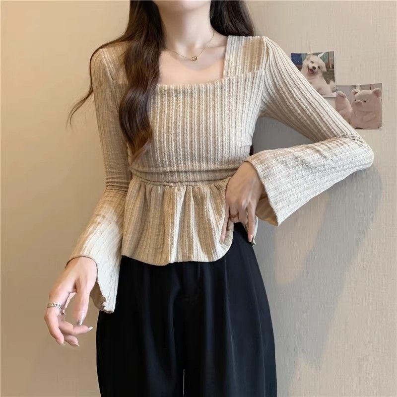 French square-neck long-sleeved bottoming shirt for autumn and winter, new style, gentle wind, waist slimming, flesh-covering top, bell-sleeved T-shirt