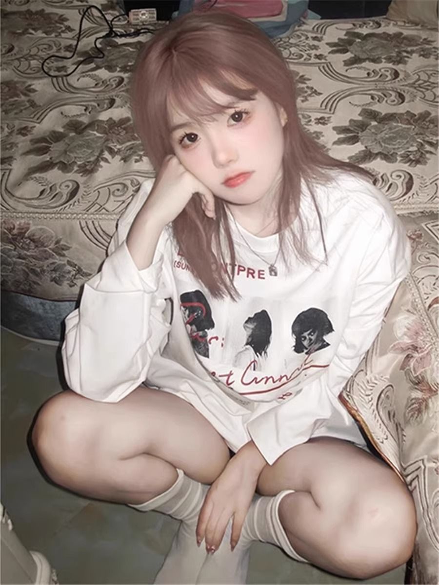 純棉美式復古長袖t恤女春秋季2023新款寬鬆早秋打底衫上衣服潮牌