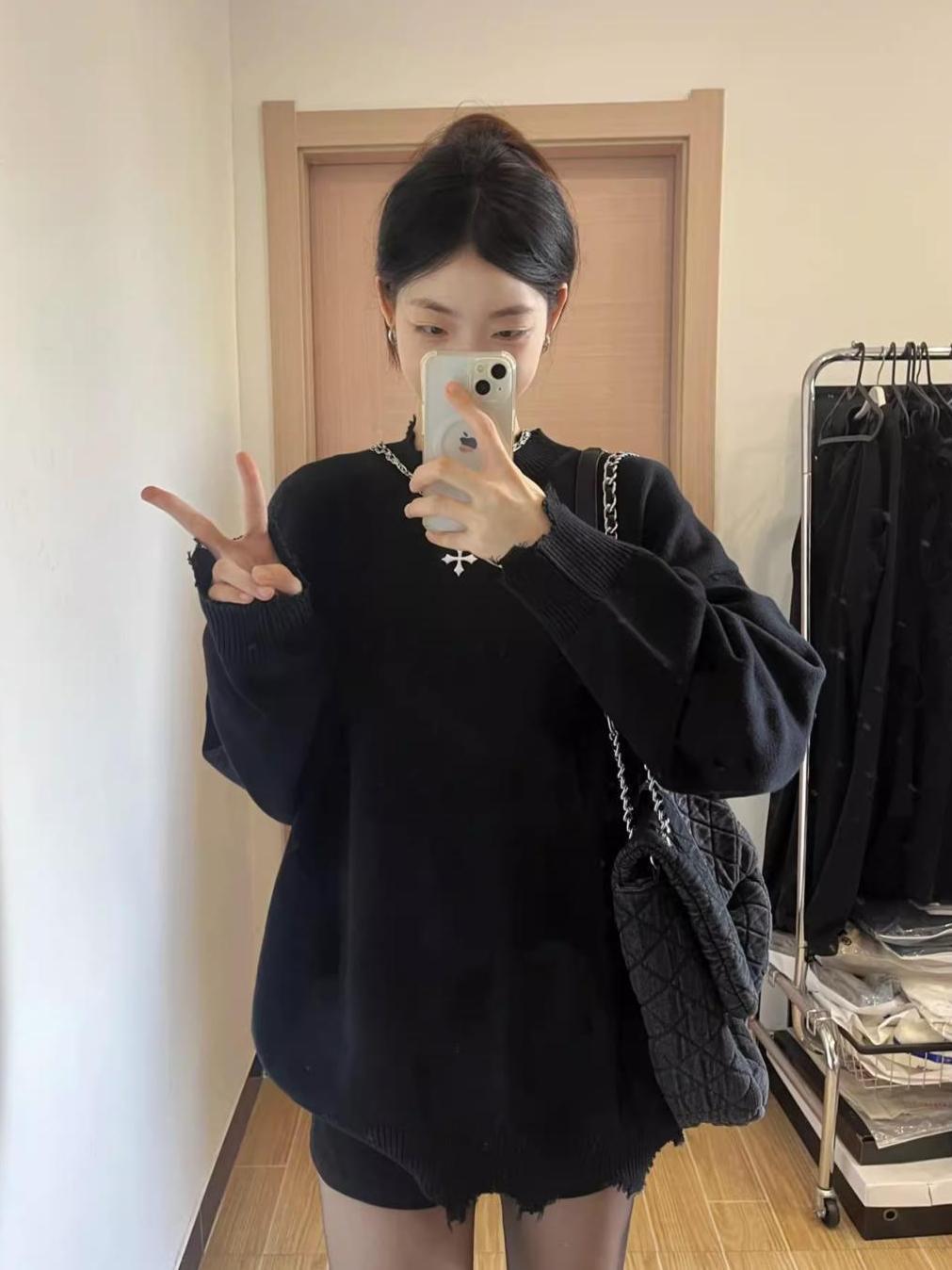 XJ家復古針織毛衣女秋冬慵懶風寬鬆顯瘦百搭減齡刺繡打底衫潮