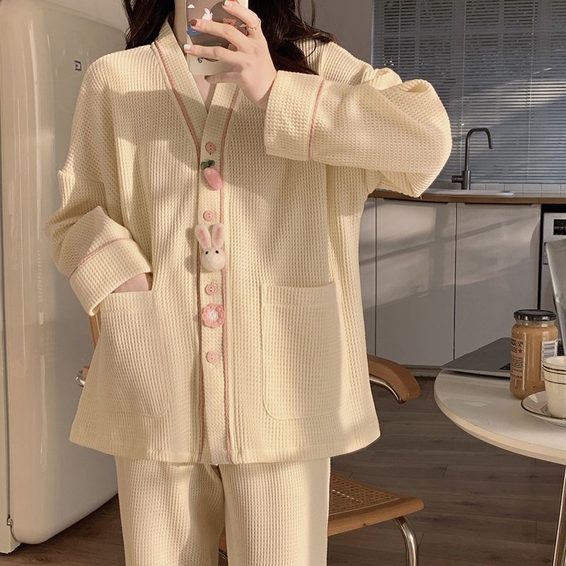 長袖睡衣女款華夫格棉春秋季可愛奶乎乎冬季加厚保暖家居服套裝爆