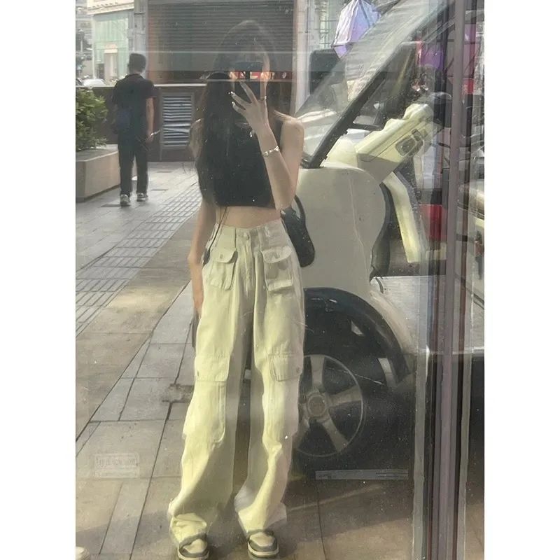 美式復古沙白色工裝牛仔褲女秋季設計感小眾直筒潮牌高街闊腿褲子