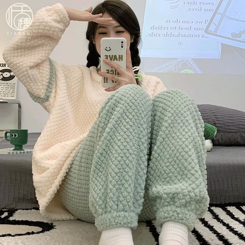 秋冬季珊瑚絨睡衣女長袖休閒保暖兩件套加絨加厚簡約法蘭絨家居服