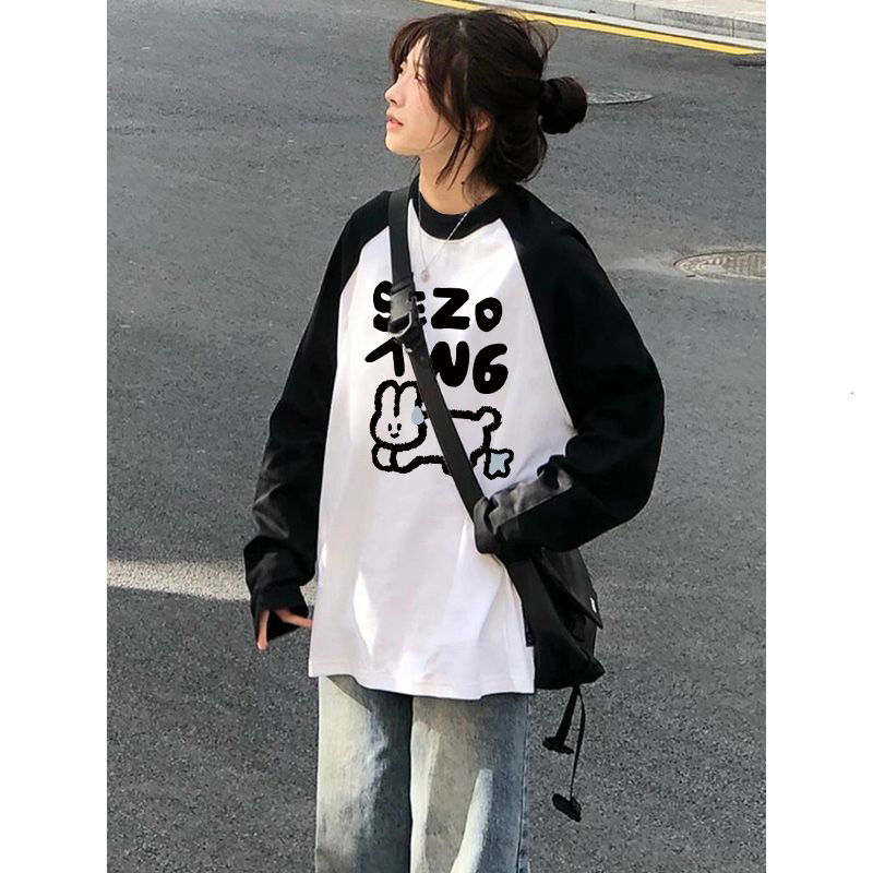 撞色長袖t恤女春秋新款oversize寬鬆顯瘦設計感小眾插肩袖上衣ins