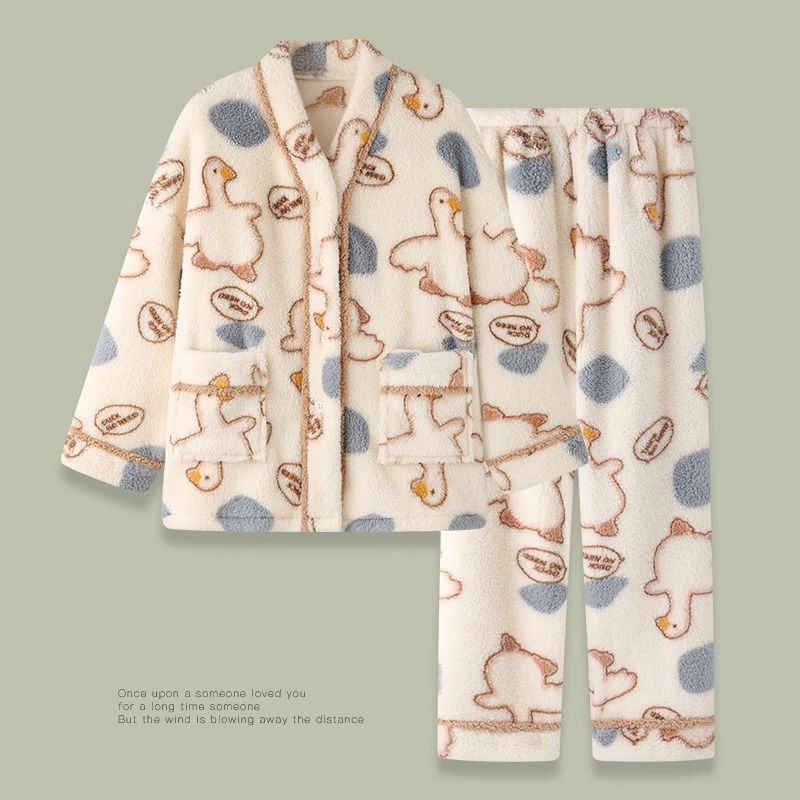 珊瑚絨可愛外穿睡衣女冬季款毛絨法蘭絨網紅風加絨加厚家居服套裝