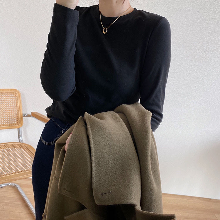 Self-heating thickened double-sided German velvet bottoming shirt for women in autumn and winter, fashionable round neck brushed warm long-sleeved top, trendy