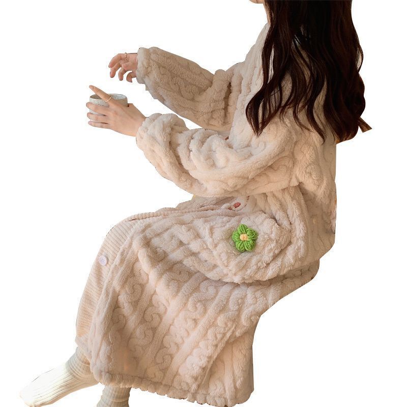 加绒加厚睡袍女年冬季提花绒绣花长袖长款甜美可爱睡衣浴袍