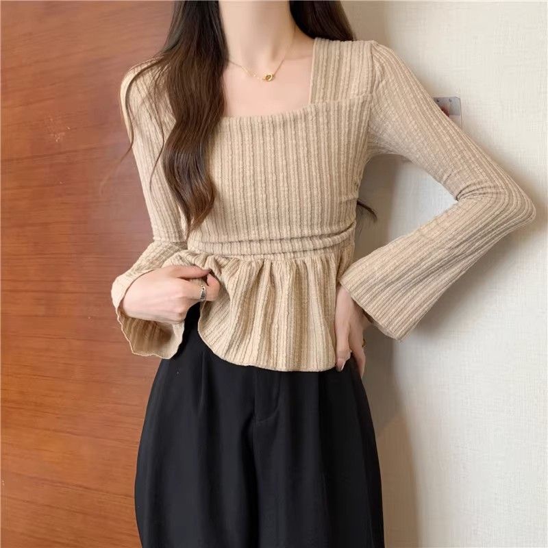 French square-neck long-sleeved bottoming shirt for autumn and winter, new style, gentle wind, waist slimming, flesh-covering top, bell-sleeved T-shirt