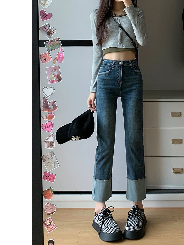 YSYOURS卷邊復古直筒牛仔褲女春秋小個子大碼高腰顯瘦煙管褲ins潮