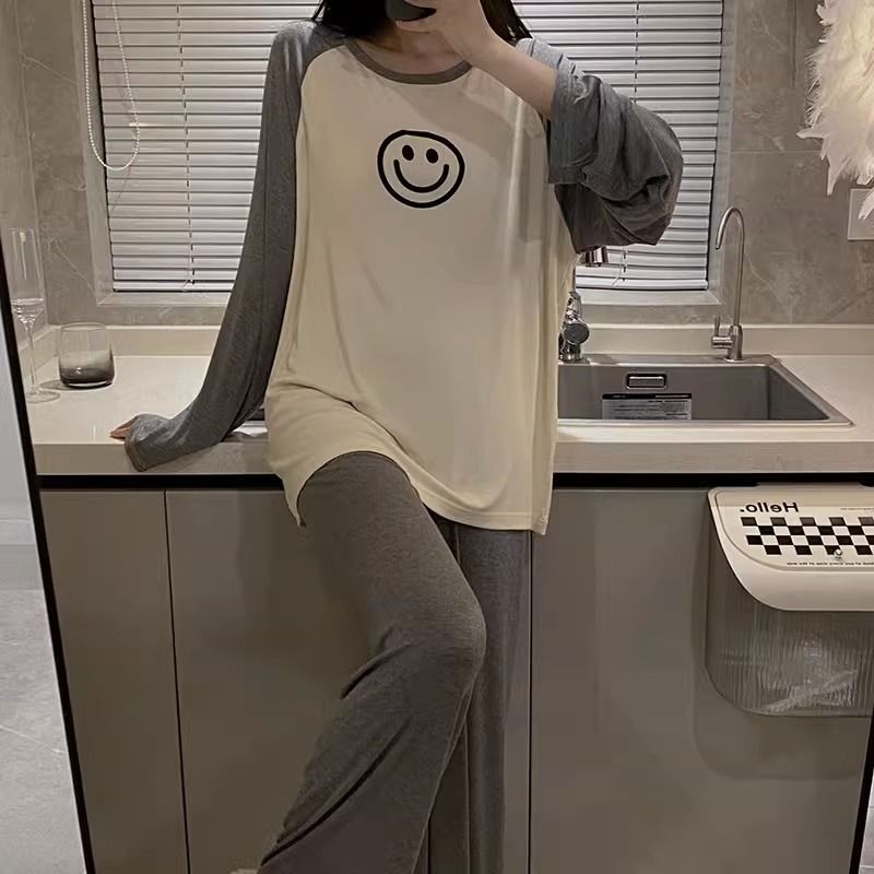 春秋季新款胖MM2-300斤笑臉睡衣女寬鬆撞色薄款可外穿家居服套裝