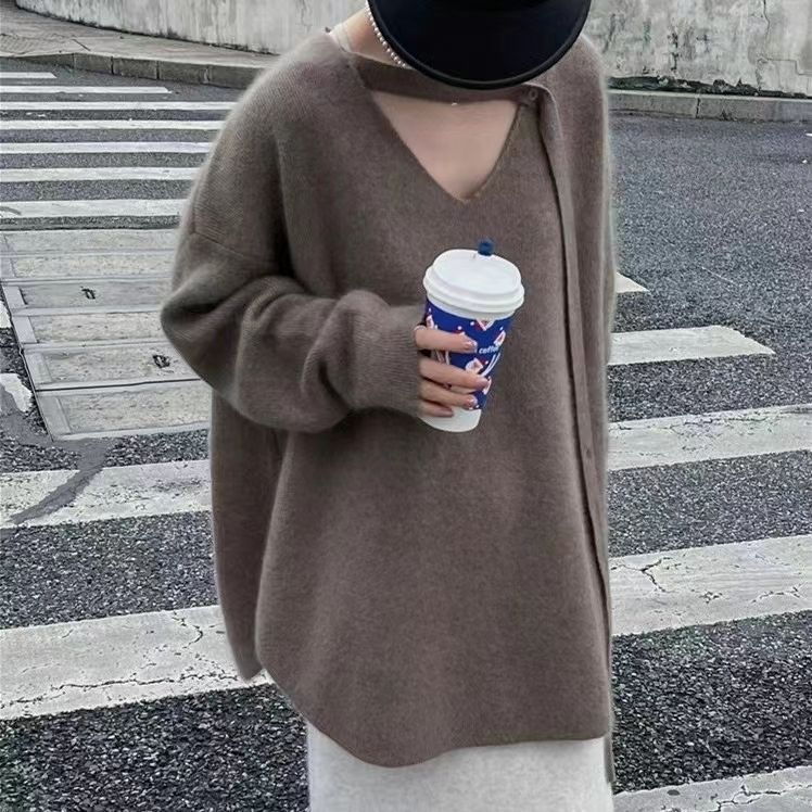 大碼領口飄帶v領下擺不規則寬鬆中長款毛衣2023冬韓版針織上衣女