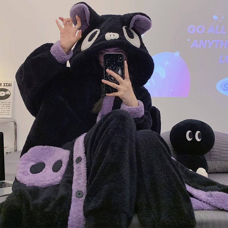 珊瑚絨睡袍女秋冬季加絨加厚睡衣長款可愛法蘭絨浴袍家居服套裝