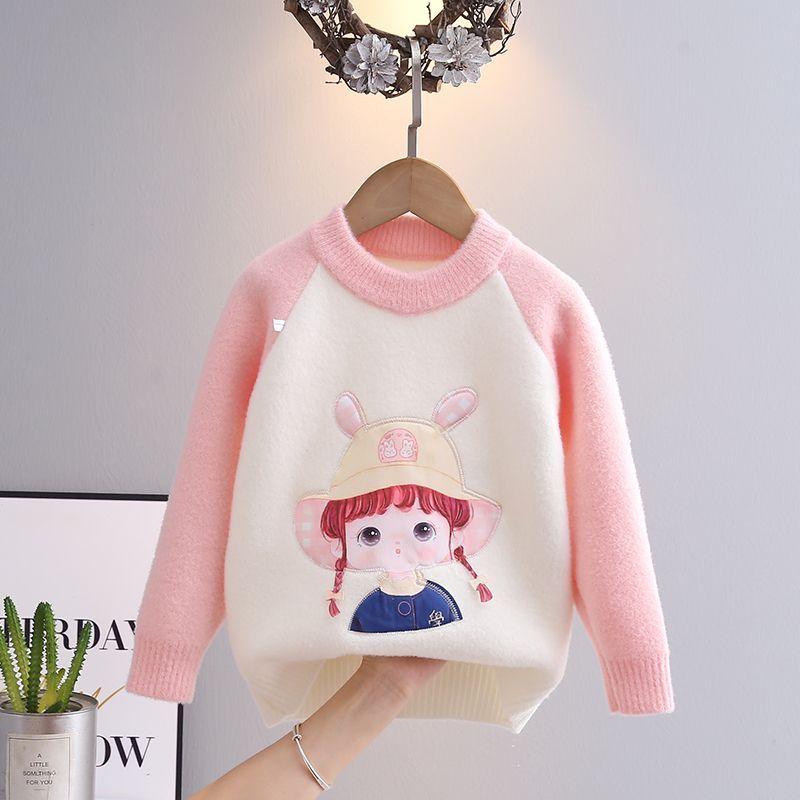Girls Sweater 2023 Autumn and Winter New Children's Pink Korean Velvet Children's Knitted Sweater Pullover Baby Bottoming Shirt Trendy