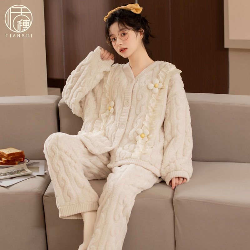 珊瑚絨睡衣女士2023年春秋冬加絨加厚家居服提花絨睡衣套裝兩件套