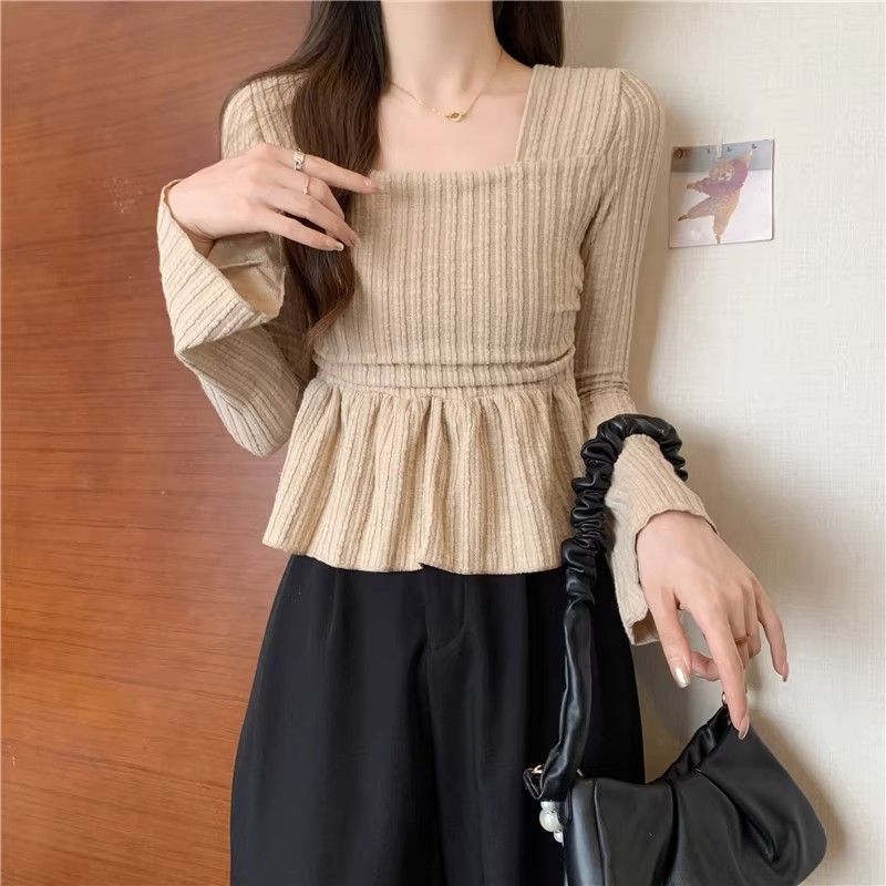 French square-neck long-sleeved bottoming shirt for autumn and winter, new style, gentle wind, waist slimming, flesh-covering top, bell-sleeved T-shirt