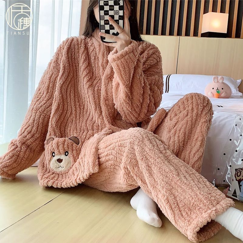 珊瑚絨睡衣女秋冬季長袖2023年新款法蘭絨加厚加絨可愛小熊家居服