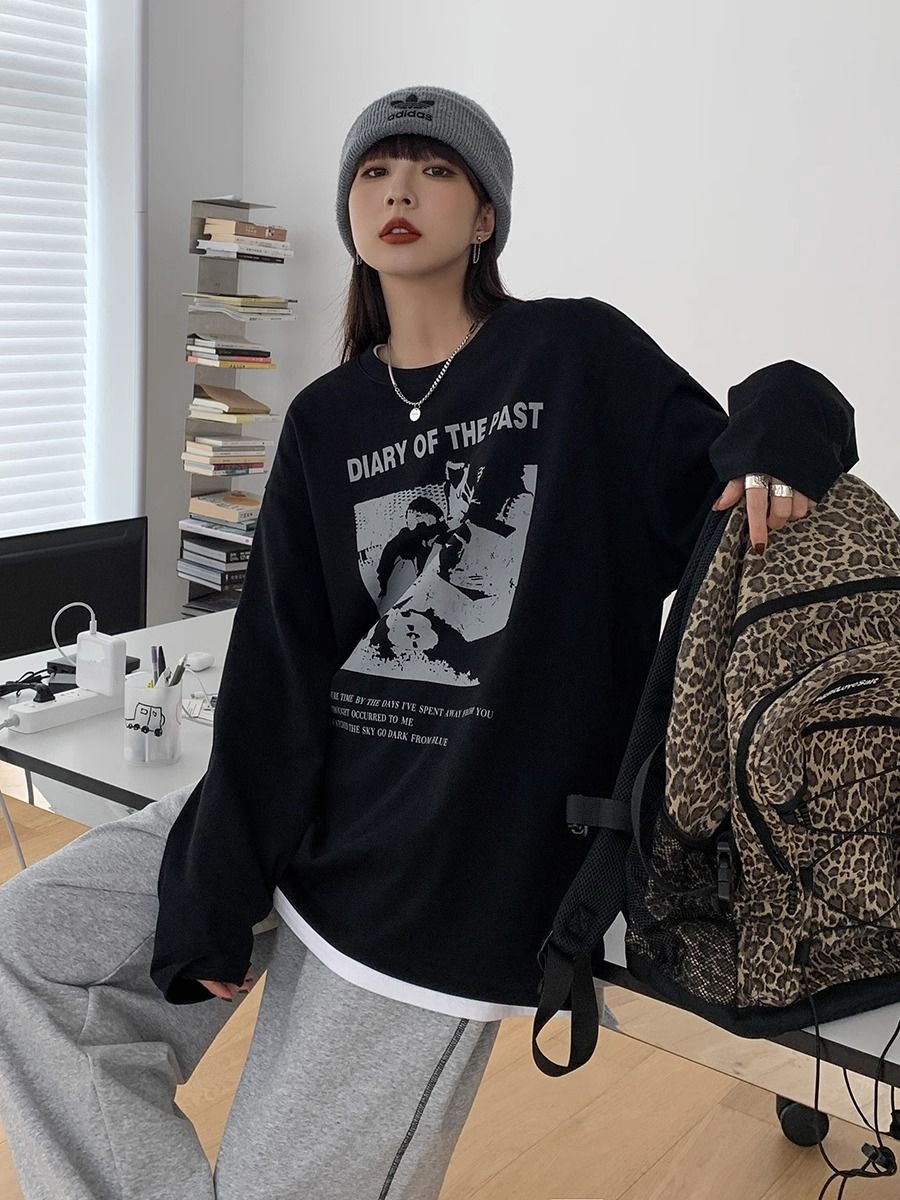 100%純棉美式復古印花內搭打底衫女春秋季新款oversize潮牌上衣女