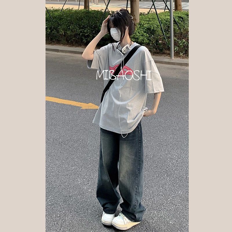 國潮復古闊腿牛仔褲女秋季新款學生休閒百搭高腰垂感直筒拖地褲潮